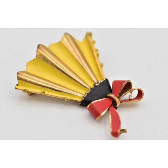 Germany Vintage Fan Pin Brooch Yellow Red Enamel Signed Art Deco Mid 1940s Bin4 - Picture 10 of 12